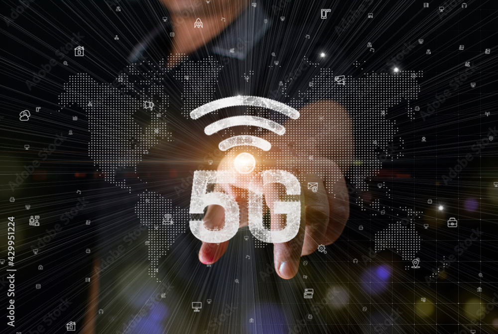 Poster man touches icon 5g high speed internet concept, technology digital data network big data connection