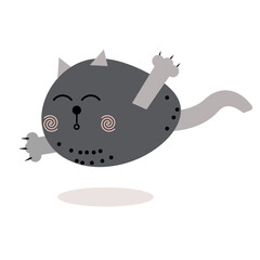 cute cartoon cat, flying happy kitten, jump in flight, arms outstretched to the sides