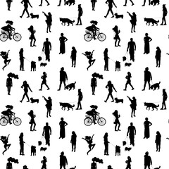Black and white monochrome seamless pattern with silhouettes of many walking and standing people in summer clothes. On white background.