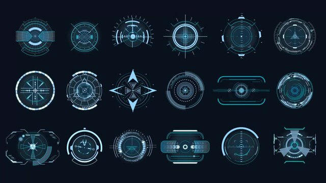 Mockup Futuristic optical aim. Military collimator sight, gun targets focus range indication. Gaming and hi-tech, cyberspace and gui design, electronic theme. HUD, GUI,UI technology future elements. 