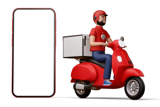 Delivery man riding a motorcycle with delivery box and big phone, 3d rendering.
