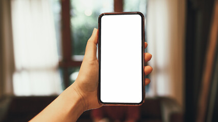 Women's hands holding cell telephone blank copy space screen. smartphone with blank white screen isolated on white background . smart phone with technology concept
