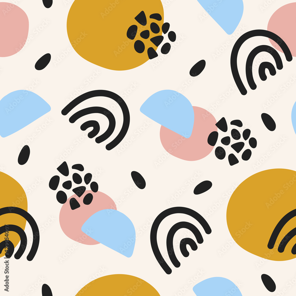 Poster abstract vector seamless pattern with chaotic colorful elements. hand drawn texture with doodle line