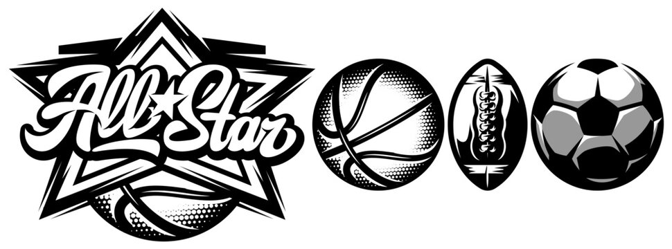 Vector template for design sporting badge with set of balls for basketball, soccer and American football