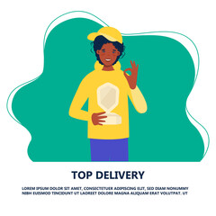 Happy courier with award. Premium courier delivery service. Winner Speed Trophy, fast delivery and best quality delivery concept. Flat vector illustration.