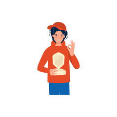 Happy courier with award. Premium courier delivery service. Winner Speed Trophy, fast delivery and best quality delivery concept. Flat vector illustration.