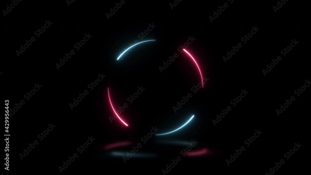 Poster aqua and pink neon lights round shape on a dark background with reflections. seamless loop abstract 