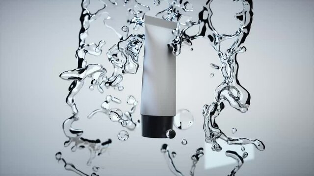 Background for cosmetic product branding, identity and packaging inspiration. Cosmetic bottle with water drops on a light background  3d rendering motion.