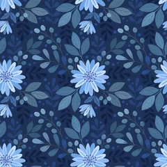 Gordijnen Blue monochrome flowers and leaf seamless pattern. © teerawat