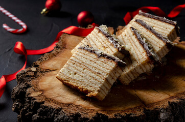 Baumkuchen on black background, Slice of baumkuchen with chocolate.