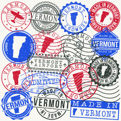 Vermont, USA Set of Stamps. Travel Passport Stamps. Made In Product. Design Seals in Old Style Insignia. Icon Clip Art Vector Collection.