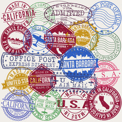 Santa Barbara California Set of Stamps. Travel Stamp. Made In Product. Design Seals Old Style Insignia.