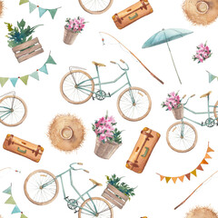 Watercolor seamless pattern with bycicle, herbs and flowers, umbrella, suitcase, garlands. Summer leisure wallpaper