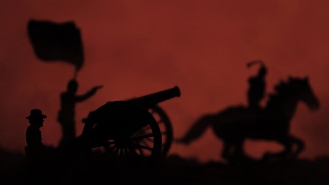 Illustration of a battlefield with toy soldier silhouettes using canons and riding horses