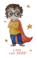 Little cute hero. Bright cute super boy with glasses and curly hair in a red long cloak. Stands, arms crossed over his chest. Watercolor. Kids collection little super hero for cards, design, print