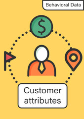 Customer attributes brochure.Non-personal labels group behavioral data into personal groups template.Flyer,magazine, poster,booklet.Customer data infographic concept.Layout illustration page with icon