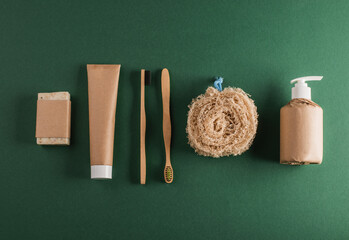 Handmade soap, toothpaste, bamboo toothbrushes, loofah sponge and shampoo