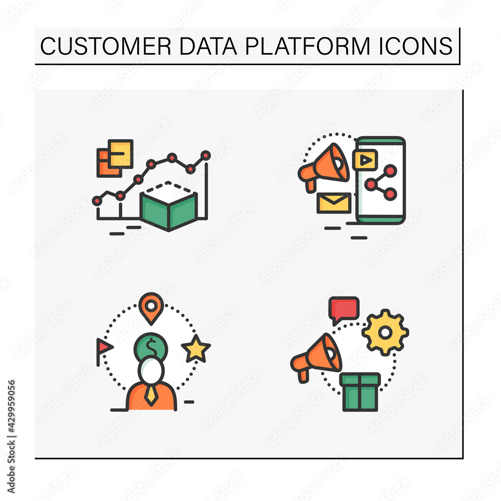 Poster customer data platform color icons set. predictive modeling, content marketing, client attributes, m
