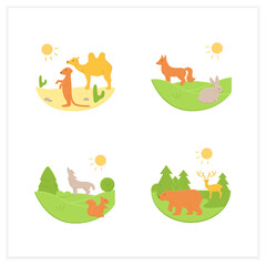Biodiversity flat icons set. Consists of desert, grassland,temperate forest, taiga forest ecosystems. Biodiversity concept. 3d vector illustrations