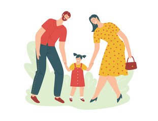 Color vector illustration in flat style isolated on white background. A young family is walking with a child. Beautiful couple with a baby in the park. Mom and Dad lead daughter by the hand