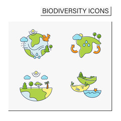 Biodiversity color icons set.Reduce air pollution. Fighting global warming. Saving flora and fauna.Species diversity ecosystem icons.Biodiversity concept.Isolated vector illustrations