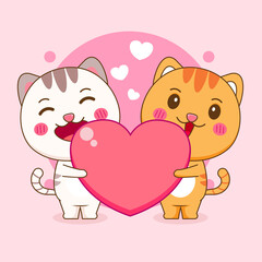 Cartoon illustration of cute cats character holding love