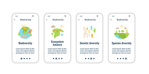 Biodiversity onboarding mobile app screens. Ecosystem balance, genetic diversity, spacies diversity. Biodiversity steps menu. Set of UI, UX, web template with RGB color linear icons