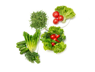 Top view fresh vegetables in vegan grocery set, isolated in white background.