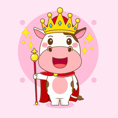 cartoon illustration of cute cow character as a king with crown and cloak
