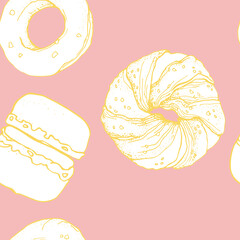 vector illustration seamless pattern,donut,bun and macaroon,light beige outline on a pink background,grocery print