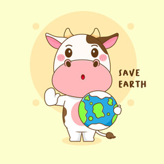 Fototapeta premium cartoon illustration of cute cow character holding earth