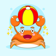 Cartoon illustration of cute crab character playing with ball