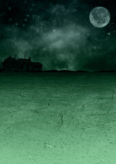夜空に月と干ばつの大地に廃墟の緑のイラスト