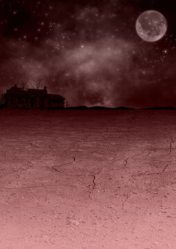 夜空に月と干ばつの大地に廃墟の赤いイラスト