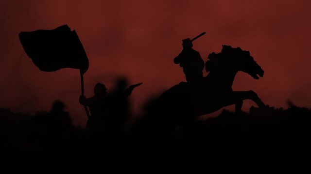 Illustration of a battlefield with toy soldier silhouettes and smoke