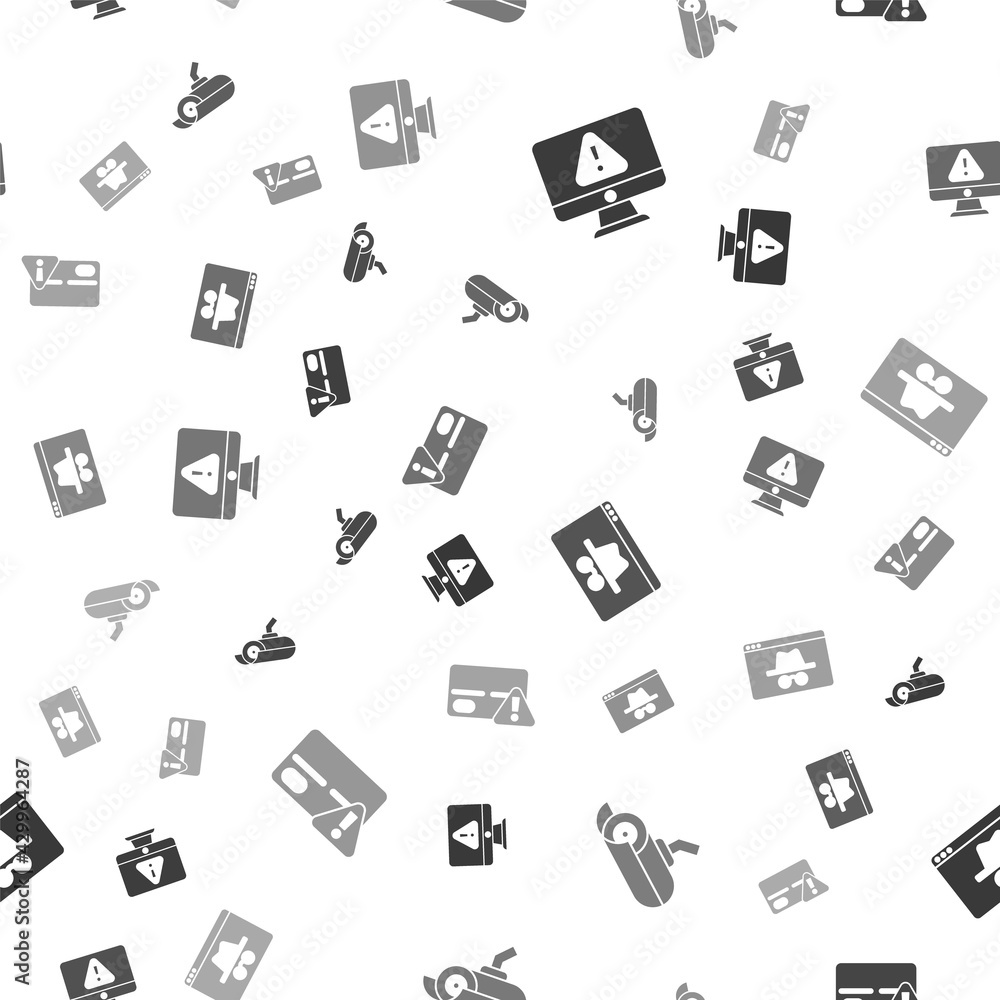 Poster set monitor with exclamation mark, security camera, browser incognito window and credit card on seam