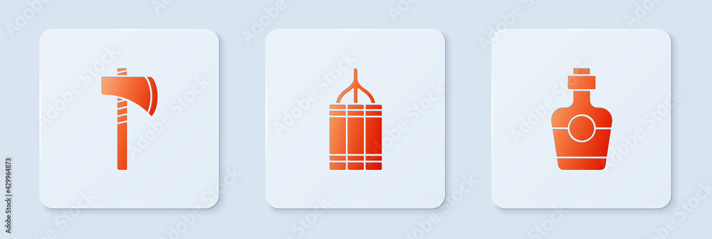 Poster set dynamite bomb, tomahawk axe and tequila bottle. white square button. vector