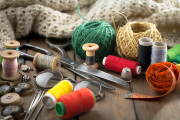 Threads, needles and sewing items.
