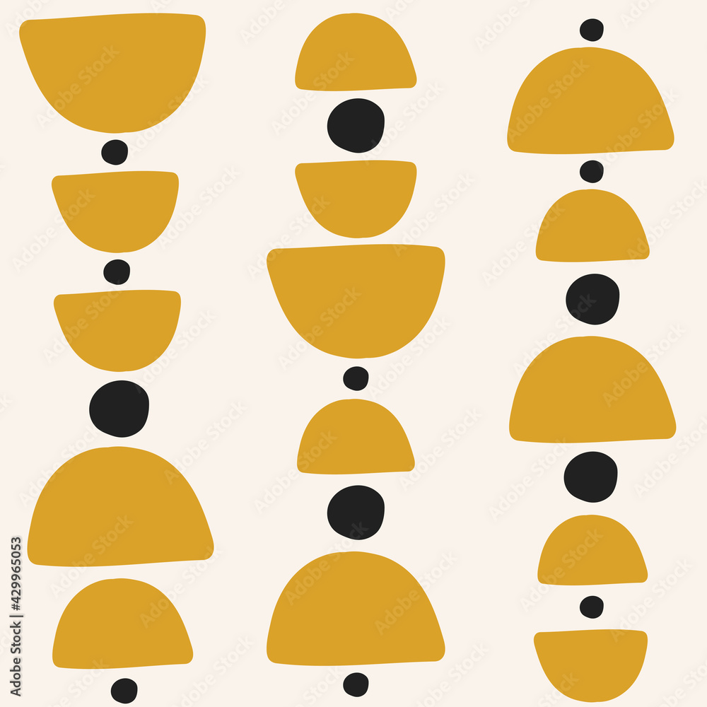 Poster  Abstract vector seamless pattern with hand drawn geometric mustard semicircles and black dots on pastel background.  Bright background design in boho style
