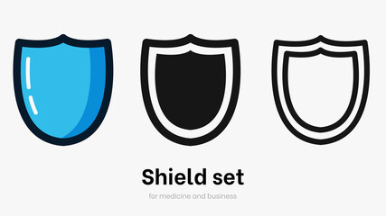 Blue shield vector icon set isolated on white background in flat style. Defence, privacy and safety from virus colorful icon collection, protection flat symbol for ui and website. Vector guard shield