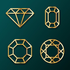 3d luxury golden diamond logo vector illustration set. Jewerly logo template with gold texture for value and wealthy. Gold brilliant illustration with shadow for business. Emerald gemstone and crystal