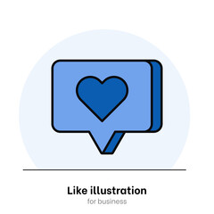 Flat like notification vector. Blue like notification with 3d effect and black outline. Blue speech bubble with heart for social media