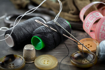Threads, needles and sewing items.