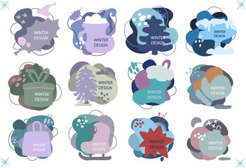 set of bright soft pastel colored banners with organic liquid  wavy shapes andwinter christmas decorative elements, isolated vector illustration graphics