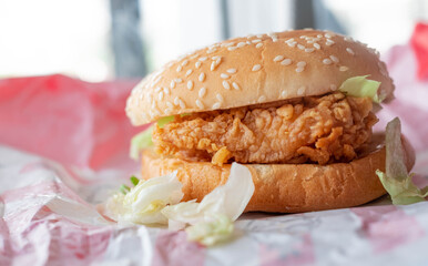 close up cheese with pork burger on table in fast food resturant, junk foods