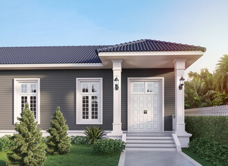 Fototapeta na wymiar Front house entrance 3d render there are white door,gray plank wall and blue roof tile with beautiful green garden