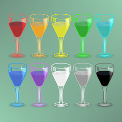 A set of iridescent rainbow glass goblets filled with colored liquid with waves or ripples on the surface