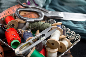 Threads, needles and sewing items.