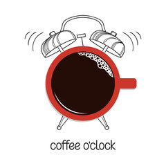 Hand drawn alarm clock with cup of coffee as clock face. Coffee o'clock, break time, good morning concept