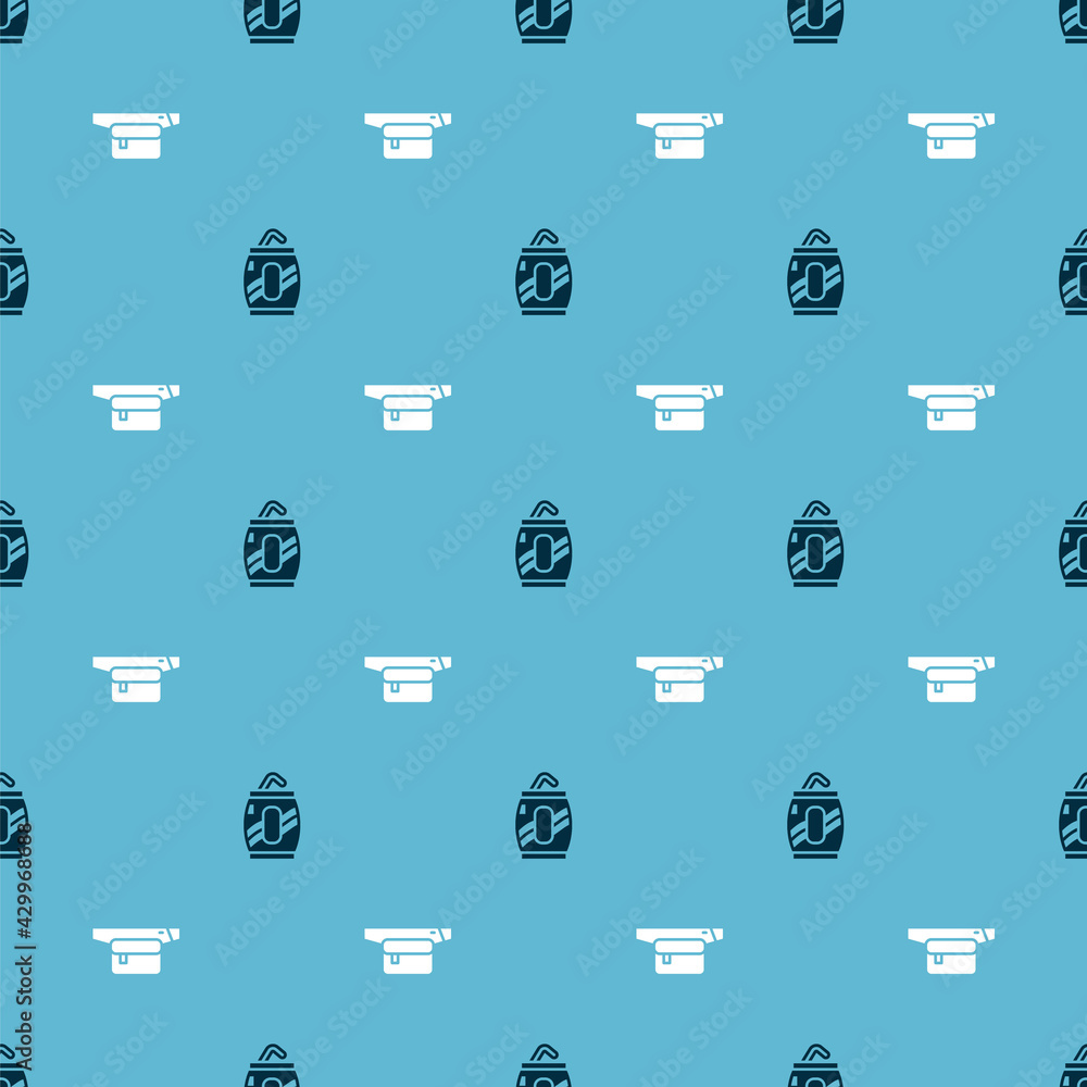 Aufkleber set soda can with straw and waist bag of banana on seamless pattern. vector